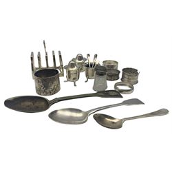 Silver four division toast rack Sheffield 1908 Maker Harrison Bros. & Howson, silver three piece condiment set of circular form Sheffield 1937, silver dessert spoon and other items, weighable silver 11.5oz