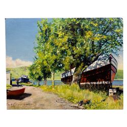 Hilary Burnett Cooper (British contemporary): Sunny Norfolk Broads Landscape, oil on board signed, dated '84 verso 36cm x 46cm (unframed)