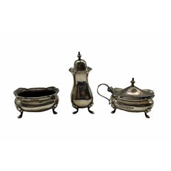 Silver three piece matched condiment set with crimped rims Birmingham 1919 and Sheffield 1911 Maker Walker and Hall 5.9oz