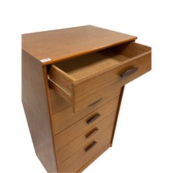 Austinsuite - Teak chest of drawers, fitted with five short and one deep drawer, raised on recessed castors 