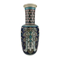 Burmantofts Faience Anglo-Persian vase, designed by Leonard King, of shouldered form, painted with stylized flowers and foliage against a blue ground, impressed factory marks, model no. 167, incised D.619, 2892 and artists monogram LK, H30cm