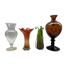 20th century amber glass pedestal vase, another pedestal vase of ribbed design with yellow tint H32cm, together with two Murano art glass vases (4)