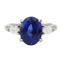 Platinum three stone oval cut sapphire and pear cut diamond ring, hallmarked, sapphire approx 2.70 carat