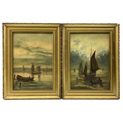 English School (19th century): Sailing Boats in Moonlight and Sunrise, pair oils on board indistinctly signed with monogram 25cm x 17cm (2)
