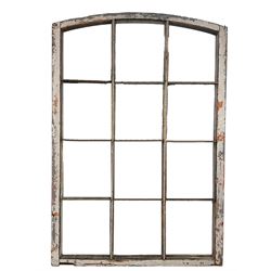 Reclaimed factory window mirror, pine framed with arched top, iron struts and fixtures, in rustic paint finish