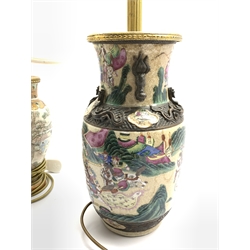  Early 20th Century Japanese vase decorated with Samurai, adapted for use as a table lamp with seal mark H37cm and one other vase column table lamp with script mark H27cm  