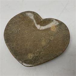 Two fossilised coral dish in the form of hearts, largest H13cm