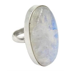 Large silver single stone oval moonstone ring, stamped 925