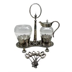 Late Victorian silver-plated stand with etched glass tapered bowl and jug with silver-plated mounts, H24cm together with a set of six EPNS teaspoons with pierced Thistle terminals 