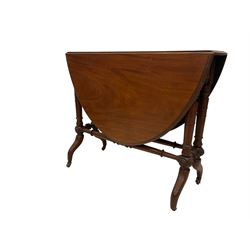 Late 19th century mahogany drop leaf table, raised on turned supports united by stretcher with roundel carvings, on ceramic castors