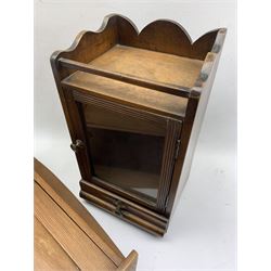 Edwardian mahogany smokers cabinet with clear glass door and single drawer W20cm and a pine wall cabinet with single door W30cm