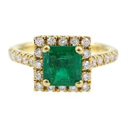 18ct gold square cut emerald and round brilliant cut diamond cluster ring, with diamond set shoulders, hallmarked, emerald approx 0.85 carat