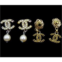 Two pairs of Chanel 'CC' pendant stud earrings, one with faux pearls, stamped 06 V, the other gilt crystal pair stamped 06 A (2)