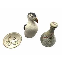 Sylvia Holmes - raku fired bottle and stopper H21cm, Guy James Holder model of a puffin H23cm and a small bowl