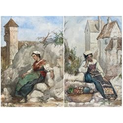 Achille Buzzi (Italian 19th Century): Women Resting on Rocks beside Italianate Villa, pair watercolours signed 35cm x 24cm (2)