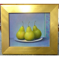 Trisha Hardwick (British 1949-): Still Life of Pears on a Plate, oil on canvas signed 25cm x 29cm 
Provenance: with the Reubens Gallery, Leeds, label verso