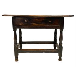18th century oak side table, pegged two plank top with boarded ends over frieze drawer, on turned supports joined by plain pegged stretchers