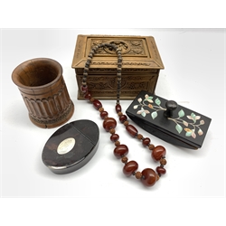 Fruitwood treen mug with fluted decoration H11cm, Georgian oval snuff box, slate blotter, Chinese beads and box