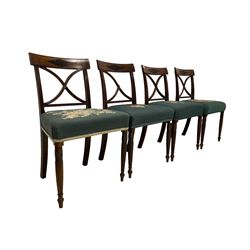 Set seven 19th century mahogany dining chairs, the cresting rail with carvings over upholstered seat, raised on turned and reeded supports 