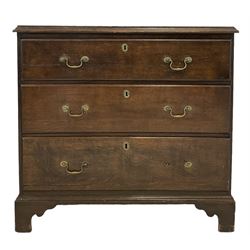 19th century oak chest of drawers, fitted with three long drawers, raised on bracket supports 