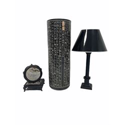 Ebonised wooden column table lamp, a tall ceramic umbrella stand with incised decoration H81cm and two hardwood hardwood vase stands (4)
