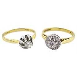 Gold single stone round brilliant cut diamond ring, approx 0.20 carat and a gold diamond cluster ring, both hallmarked 18ct
