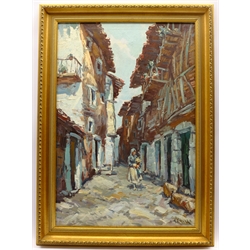 Andreina Crepet Guazzo (Italian 1909-1983): Lady Walking down a Narrow Street, oil on canvas indistinctly signed 71cm x 48cm