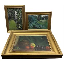 English School (19th Century): Still Life of Vase and Fruit, oil on canvas signed with initials ‘SWC’ together with pair oils on board depicting a country house garden unsigned, all with gilt frames max 31cm x 46cm (3)
