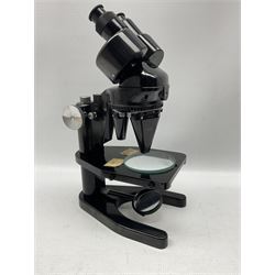 Watson and Son's London cased binocular microscope, marked '11711 Mellanby' with spare eyeglass and accessories