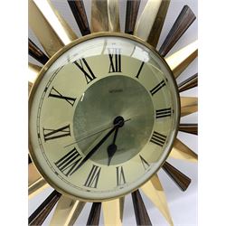 Mid 20th century Metamec sunburst wall clock, quartz movement, with brass and simulated rosewood rays, D60cm overall, dial D20cm