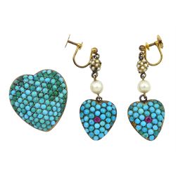 Victorian silver heart shaped turquoise brooch and a pair of gold heart shaped turquoise, pink stone and pearl pendant screw back earrings, stamped 9ct
