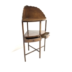 Georgian mahogany bow front corner washstand, raised shaped back, undertier fitted with two drawers, square supports joined by stretchers, W61cm, H107cm