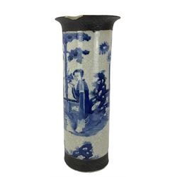 Chinese amber coloured figure Kuan Yin H18cm, Chinese cylindrical vase decorated with figures in blue and white, seal mark to the base H36cm, Chinese small vase and bowl and Japanese plate (5)