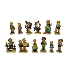 Ten Hummel figures comprising Where Are You?, Village Boy, Come Back Soon, Little Sweeper, Scamp, For Mother, Alpine Dancer, Lost Stocking, To Market and Girl with Nosegay, all boxed and two other Hummel figures without boxes