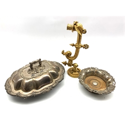 19th century gilt metal gas wall sconce with swivel plate, eagle, shell and scroll decoration L32cm, plated entree dish and cover and a plated coaster