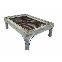 Indian painted hardwood coffee table with ironwork top, raised on turned supports 90cm x 134cm, H41cm