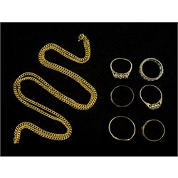 Two gold wedding bands, gold signet ring and three stone set rings, all hallmarked 9ct and a gilt necklace