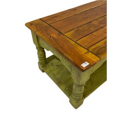 Barker & Stonehouse - hardwood coffee table, rectangular plank top with boarded ends, on distressed green painted base, turned supports joined by undertier, fitted with small drawer