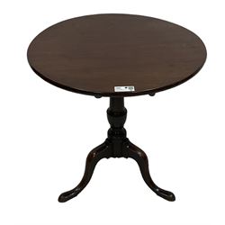 George III mahogany pedestal table, circular tilt-top over vasiform column terminating in splayed tripod base