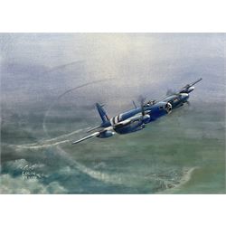 Colin Verity RSMA (British 1924-2011): 'De Havilland Mosquito Mk.34' aeroplane in flight, oil on board signed, titled and inscribed verso 42cm x 58cm