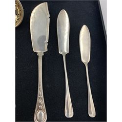 Danish silver sifting spoon 1909 Maker C Holm, another with spiral stem Birmingham 1899, pair of early 19th century silver sugar tongs and three silver butter knives 5.5oz (6)