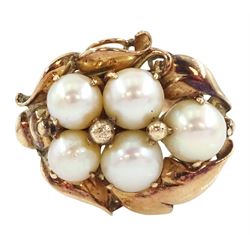 Gold cultured pearl cluster ring, with leaf motif bezel