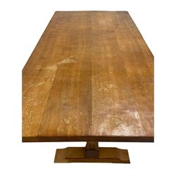 Eagleman - oak dining table, rectangular adzed oak top, twin octagonal pillar supports on sledge feet, united by floor stretcher, by Albert Jeffray of Sessay, Thirsk