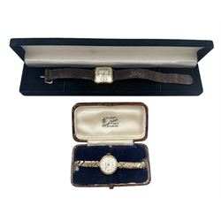 Ladies Aviva gold cased wristwatch, on expanding gilt stainless steel bracelet strap and a gent's Trebex gold cased presentation wristwatch, on leather strap (2)