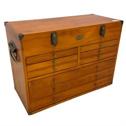 Cherry wood finish collectors chest or cabinet, rectangular hinged top over six sort and three long drawers, with twin metal handles, locks and handles