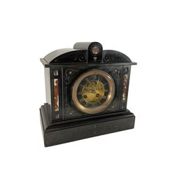 French - 19th century  Belgium slate and marble 8-day mantle clock, with a shaped top, incised gilt decoration and inlaid marble panels, two part dial with a slate chapter ring, gilt Roman numerals, brass spade hands and visible Brocot deadbeat escapement, rack striking movement. With pendulum.