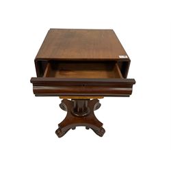 William IV mahogany sewing or work table, rectangular drop-leaf top with re-entrant corners, fitted with single frieze drawer over sliding storage well, raised on curved support with pedestal terminating in quadriform base with scrolled feet and castors