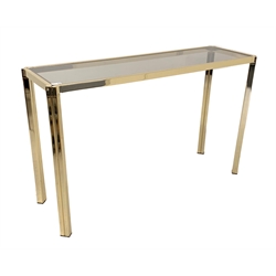 Mid century Hollywood Regency brass console table with inset frosted glass top 