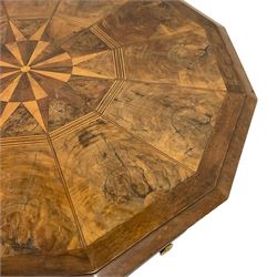 18th century mahogany and inlaid walnut centre tripod table, the dodecagon tilt-top inlaid with a central star motif surrounded by walnut panels and band, fitted with two drawers and ten false drawers, on turned pedestal with three splayed supports with pad feet