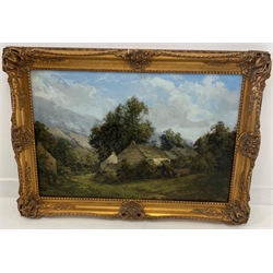 James Jerome Miller (British fl.1875-1900): Figures by a Rural Cottage, oil on canvas signed 50cm x 75cm